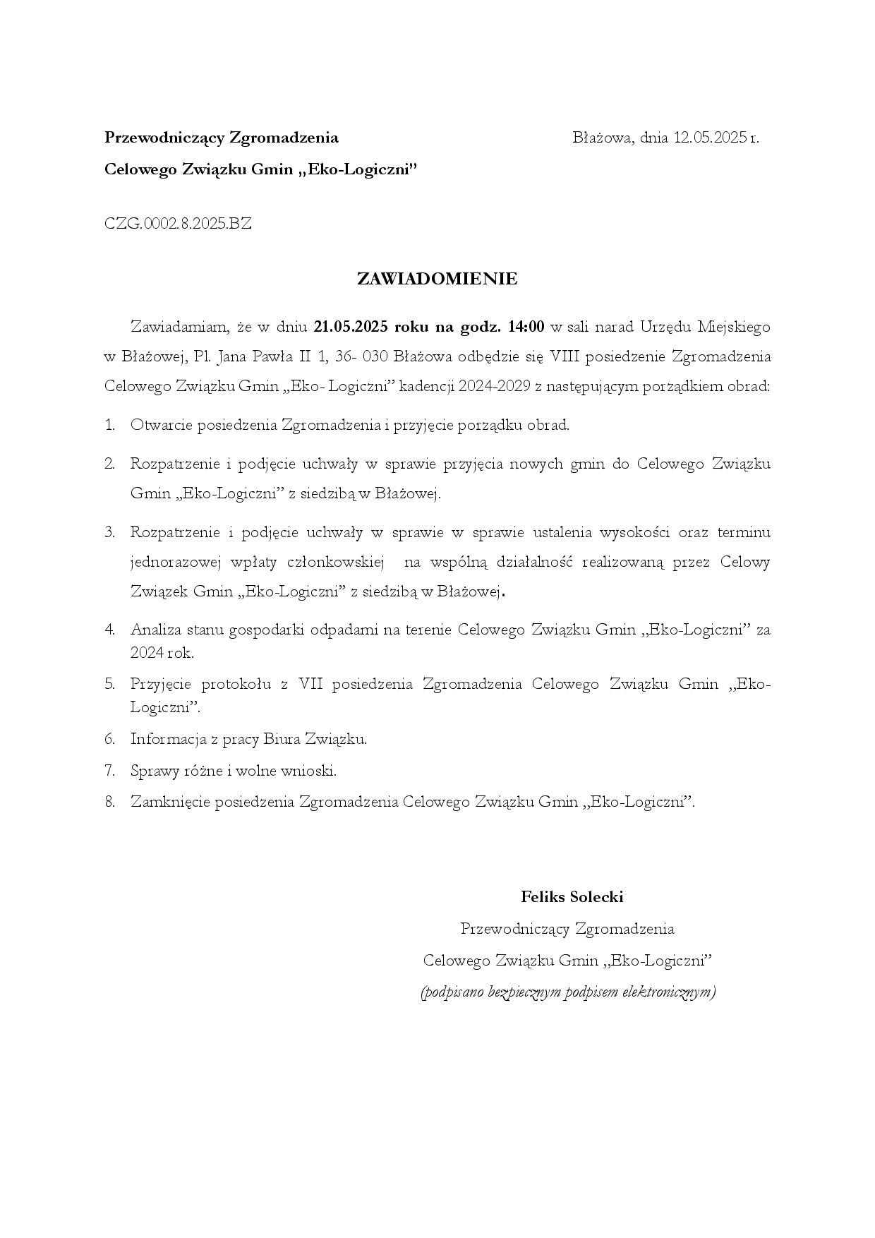 Zawiadomienie o VIII posiedzeniu Zgromadzenia CZG EKO LOGICZNI