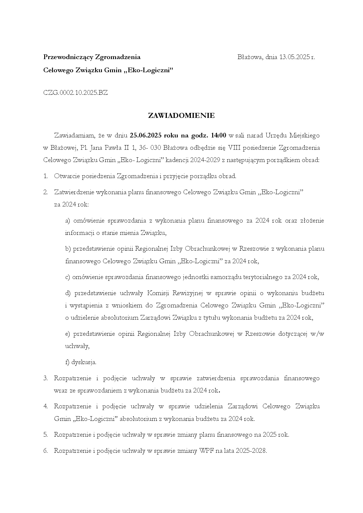 Zawiadomienie o X posiedzeniu Zgromadzenia CZG Eko Logiczni. 0001